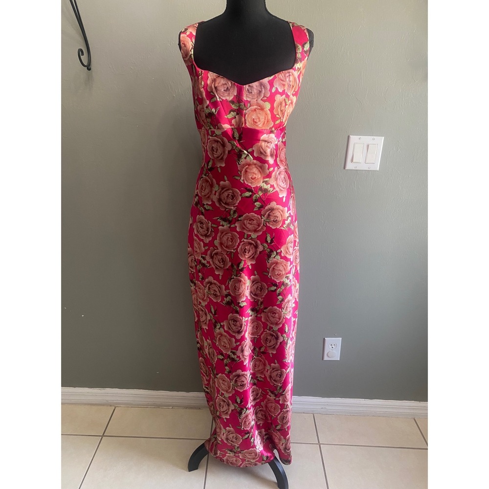 Wild Fable Pink Floral‎ Satin Maxi Dress Sweetheart Neck Rose Print XL